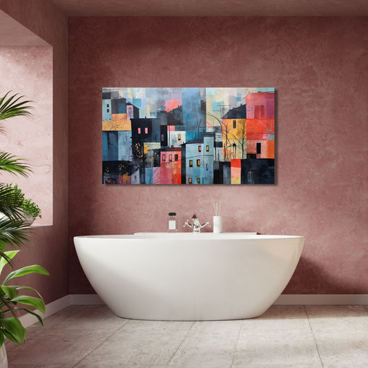 Fargerikt abstrakt grafisk motivet av hus tett i tett i en by. Fargene går i blått, gult, oransje, rødt og svart. Illustrasjon viser motivet på lerret som henger over et badekar.