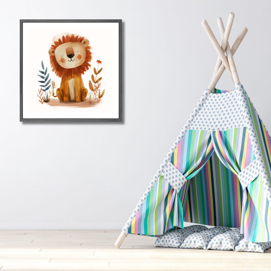 Løve - Grafisk illustrasjon - barneplakat. Illustrasjonsbilde viser plakat i ramme på et barnerom.