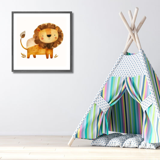 Løve - Grafisk illustrasjon - barneplakat. Illustrasjonsbilde viser plakat i ramme på et barnerom.