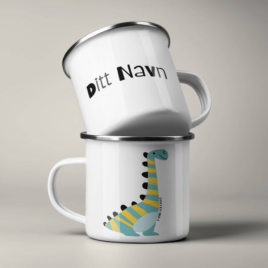 Emaljekrus stablet, med personlig navn på ene siden og dinosaurmotiv på andre siden