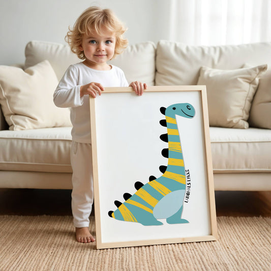 Vennlig langhals med gule striper på lys bakgrunn eik ramme.