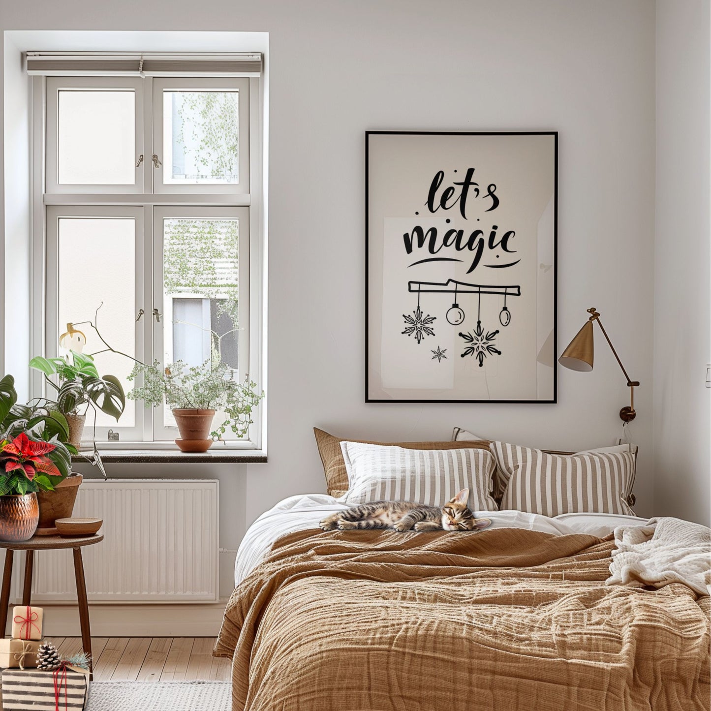 En moderne juleplakat med teksten Let’s Magic – en enkel, grafisk hyllest til sesongens magi. Illustrasjon viser plakat i ramme over en seng.