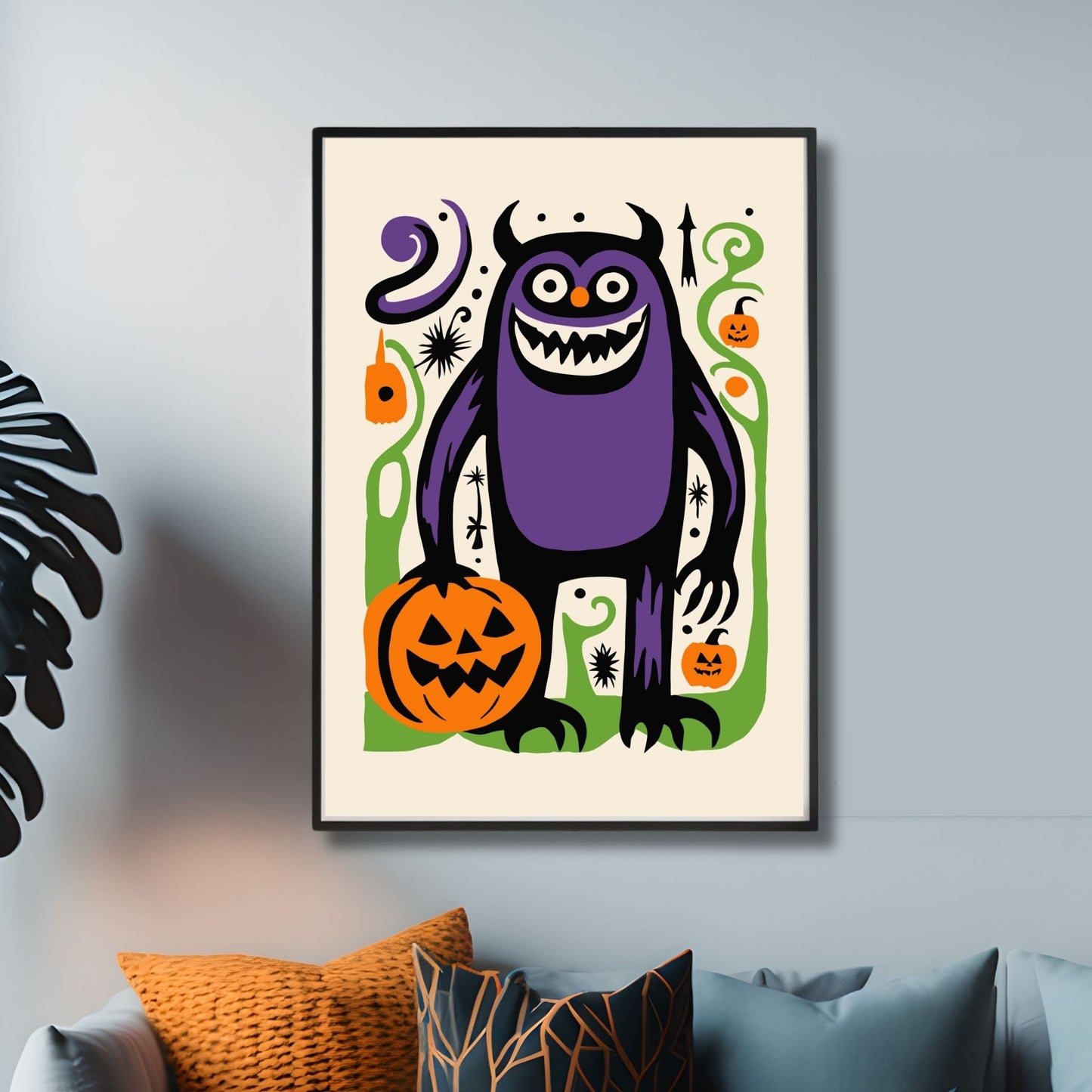 Lilla Monsterplakat som viser et stort, lilla monster med et skummelt smil, omringet av klassiske Halloween-detaljer. illustrasjonsfoto viser plakat i sort ramme.