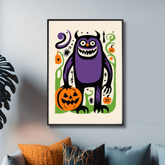 Lilla Monsterplakat som viser et stort, lilla monster med et skummelt smil, omringet av klassiske Halloween-detaljer. illustrasjonsfoto viser plakat i sort ramme.