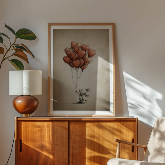 Dette sjarmerende kunstverket illustrerer en søt, håpefull mus som holder et knippe med hjerteformede ballonger, klar til å sveve inn i drømmenes verden. Illustrasjon viser plakat i eik ramme.