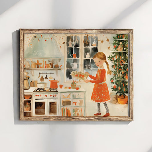 Den lille bakeren i rød kjole pynter godsaker mens treet glitrer i kroken og snøen legger seg utenfor vinduet. Illustrasjonen viser plakat uten hvit kant i ramme.