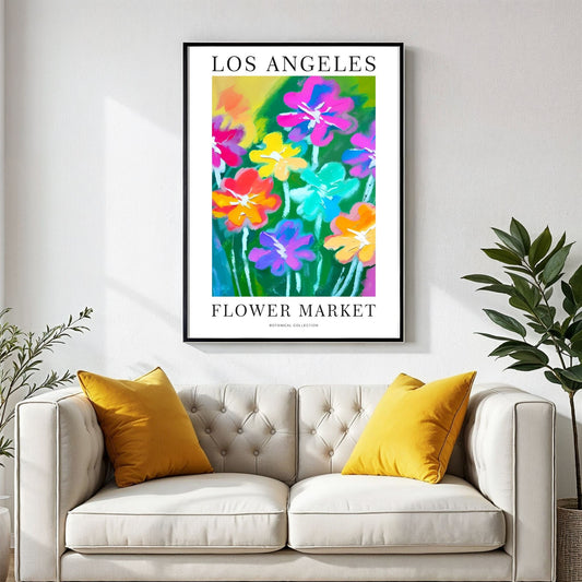 Denne livlige plakaten viser en eksplosjon av blomster i regnbuens farger, perfekt for å skape en leken og inspirerende atmosfære i ethvert rom. Illustrasjon viser plakat i sort ramme.