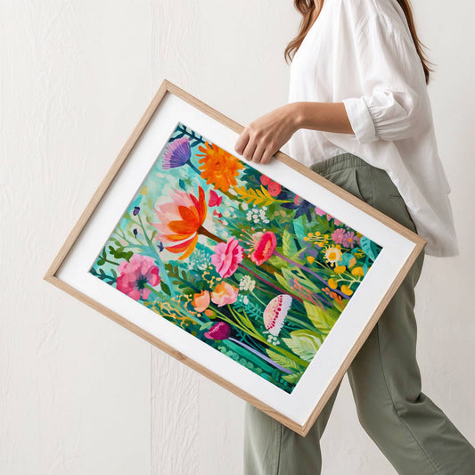 En frodig hageplakat med sterke, friske farger og blomster i fullt flor. Illustrasjon viser plakat med passepartout i eik ramme.