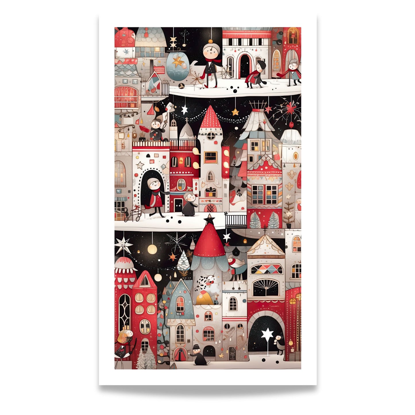 Denne detaljerte illustrasjonen tar deg med til en sjarmerende landsby dekket i snø, hvor glade barn leker og husene er pyntet til jul.
