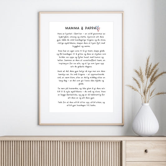 Denne plakaten uttrykker dyp takknemlighet for foreldres kjærlighet, støtte og den trygge basen de skaper i hjemmet. illustrasjon viser plakat i eik ramme.