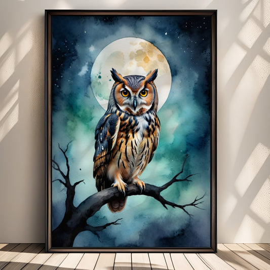 “Midnight Owl” viser en ugle i måneskinn, sittende på en gren med nattehimmelen som bakteppe. Illustrasjon viser plakat uten hvit kant i sort ramme.