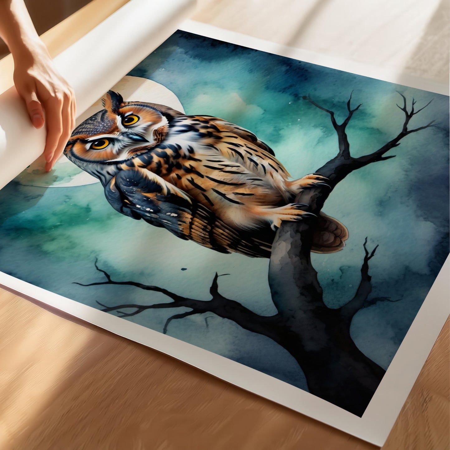 “Midnight Owl” viser en ugle i måneskinn, sittende på en gren med nattehimmelen som bakteppe. Illustrasjon viser plakat på print.