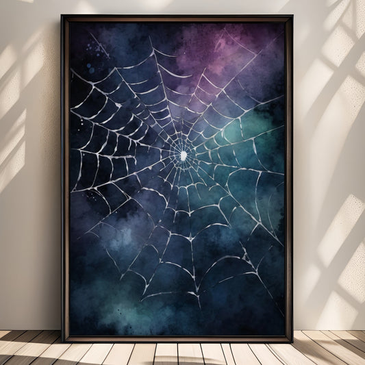 “Midnight Web” er en stemningsfull Halloween-plakat som viser et delikat edderkoppnett mot en mørk, tåkete bakgrunn i blå, lilla og grønne nyanser. illustrasjon viser plakat uten hvit kant i sort rammne.
