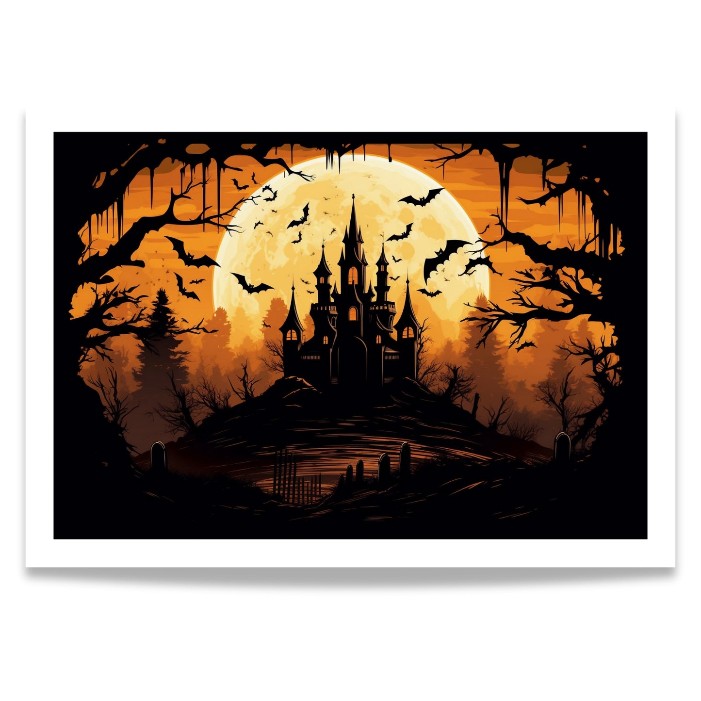 Skap den perfekte Halloween-stemningen med Midnight Castle, en mystisk Halloween-plakat som fanger et skremmende slott badet i fullmånens lys, omgitt av flaggermus og mørke skyer.