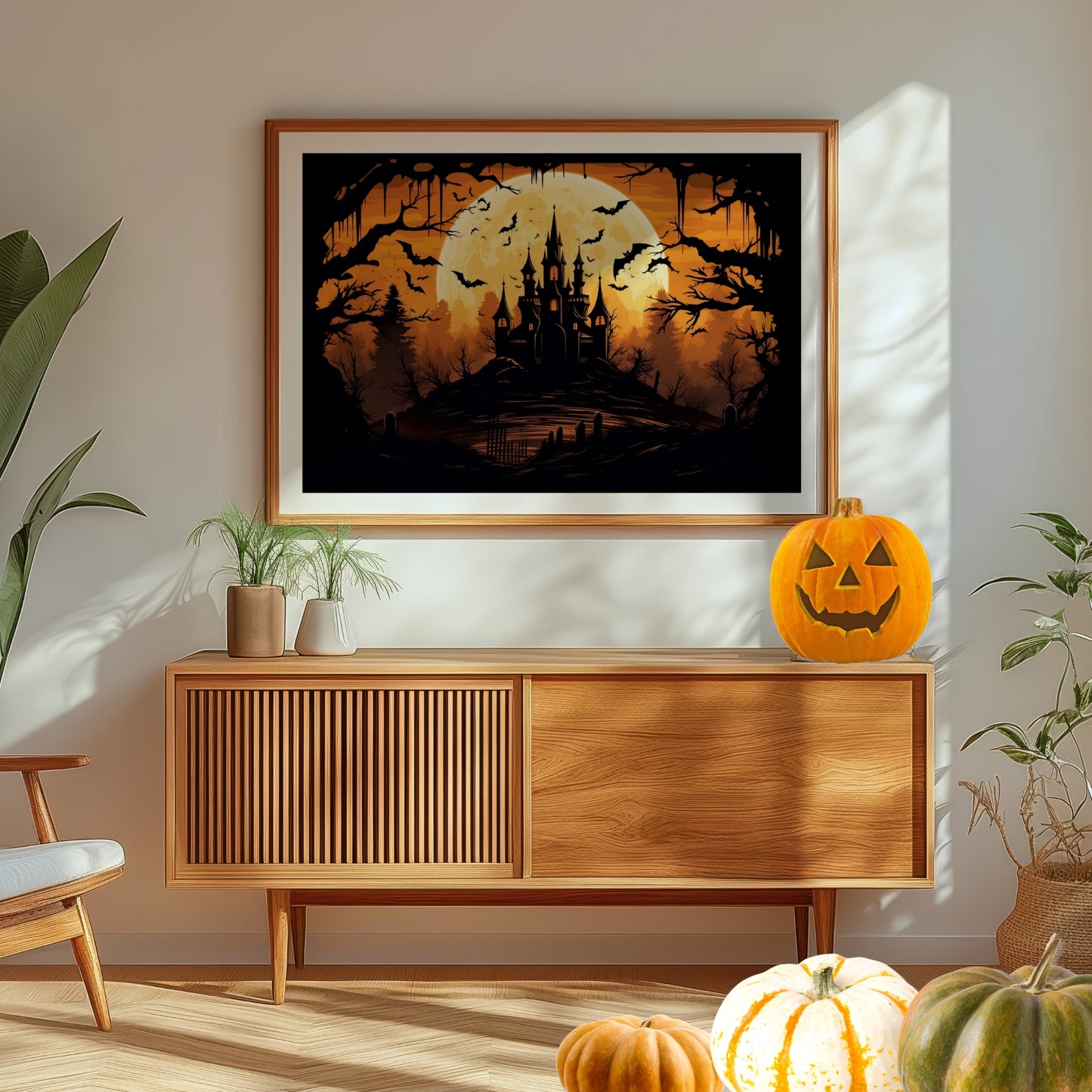Skap den perfekte Halloween-stemningen med Midnight Castle, en mystisk Halloween-plakat som fanger et skremmende slott badet i fullmånens lys, omgitt av flaggermus og mørke skyer. Illustrasjonsfoto viser plakat i eik ramme.