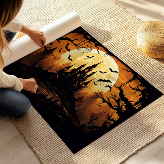 Skap den perfekte Halloween-stemningen med Midnight Castle, en mystisk Halloween-plakat som fanger et skremmende slott badet i fullmånens lys, omgitt av flaggermus og mørke skyer. Illustrasjonsfoto viser plakat på print.