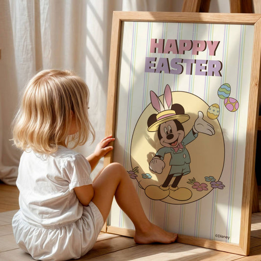 Happy Easter - Mikke Mus plakat, en hjertevarm grafisk illustrasjon som bringer glede og latter til ethvert rom Illustrasjon viser plakat uten hvit kant i eik ramme.