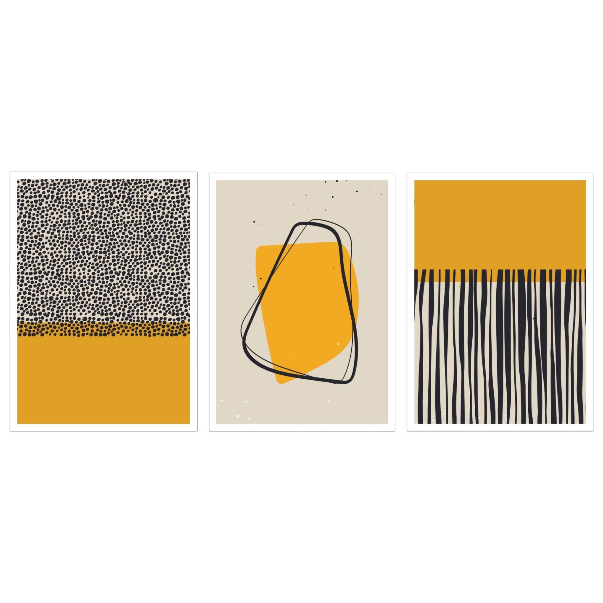 Grafisk abstrakte kunstplakat kombinerer elegant svart og gult på en subtil beige bakgrunn.
