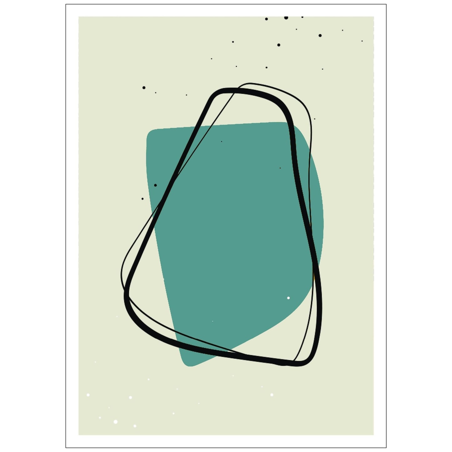 Grafisk abstrakte kunstplakat kombinerer elegant svart og grønn på en subtil beige bakgrunn.