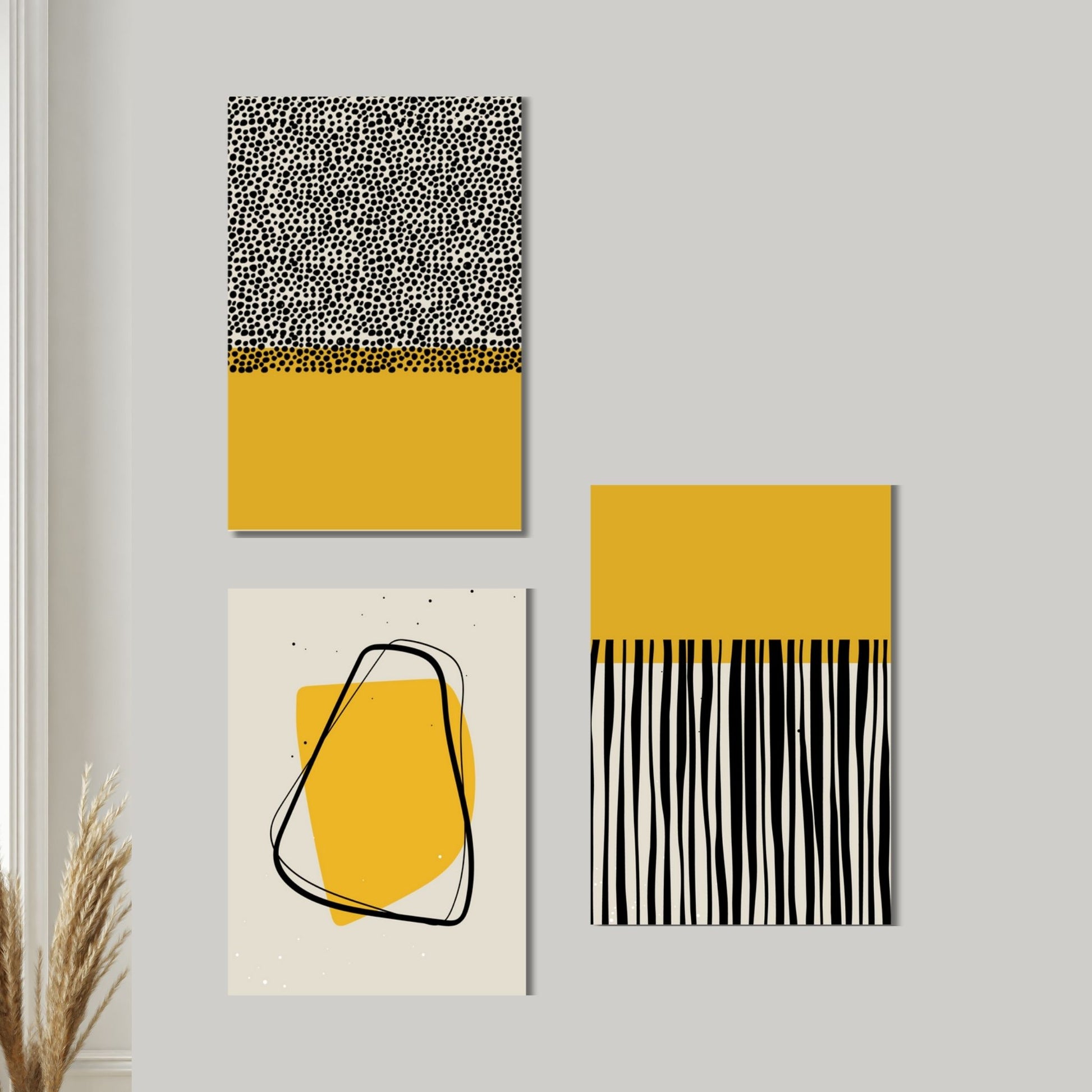 Grafisk abstrakte kunstplakat kombinerer elegant svart og gult på en subtil beige bakgrunn. Illustrasjonsfoto viser serien "Minimal Abstract Art Collection - Yellow" på lerret.