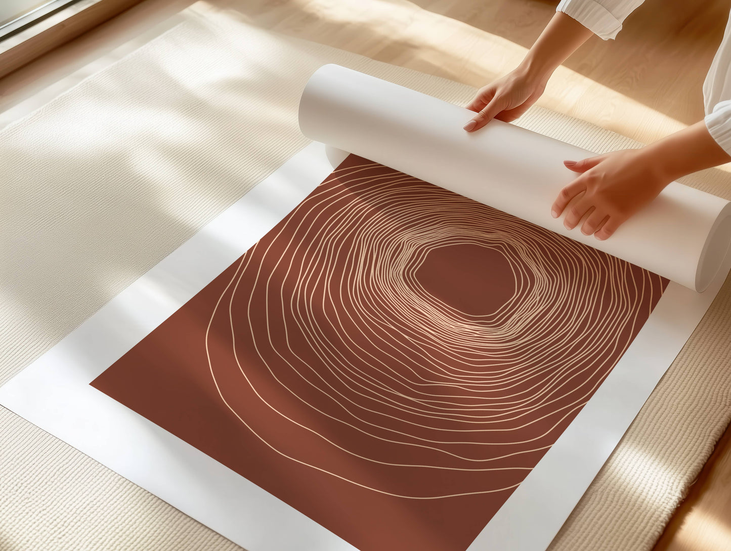 "Harmoniens Kjerne" er en minimalistisk plakat inspirert av naturens organiske vekst. De sirkulære linjene gir en hypnotisk dybde, som minner om årringene i et tre eller energisirkler i naturen. Illustrasjon viser plakat som print.