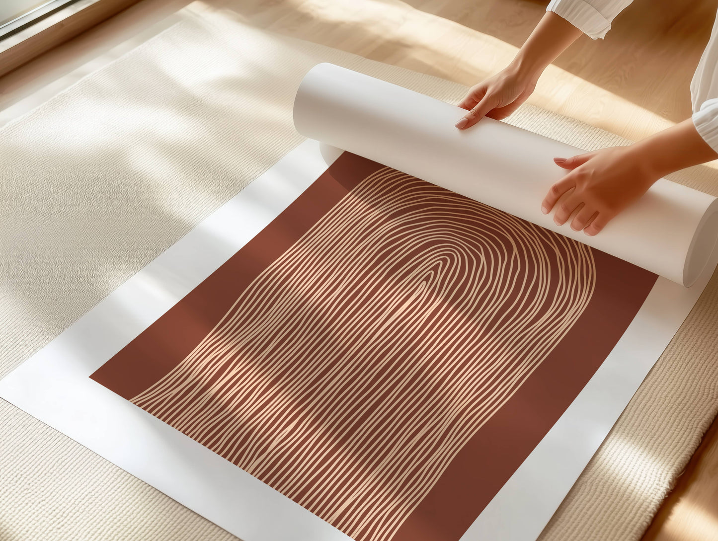 "Strømmende Stillhet" fanger bevegelsen i naturen på en stilren og beroligende måte. De vertikale linjene gir assosiasjoner til rennende vann, trestammer eller vindens dans gjennom gresset. Illustrasjon viser plakat på print.