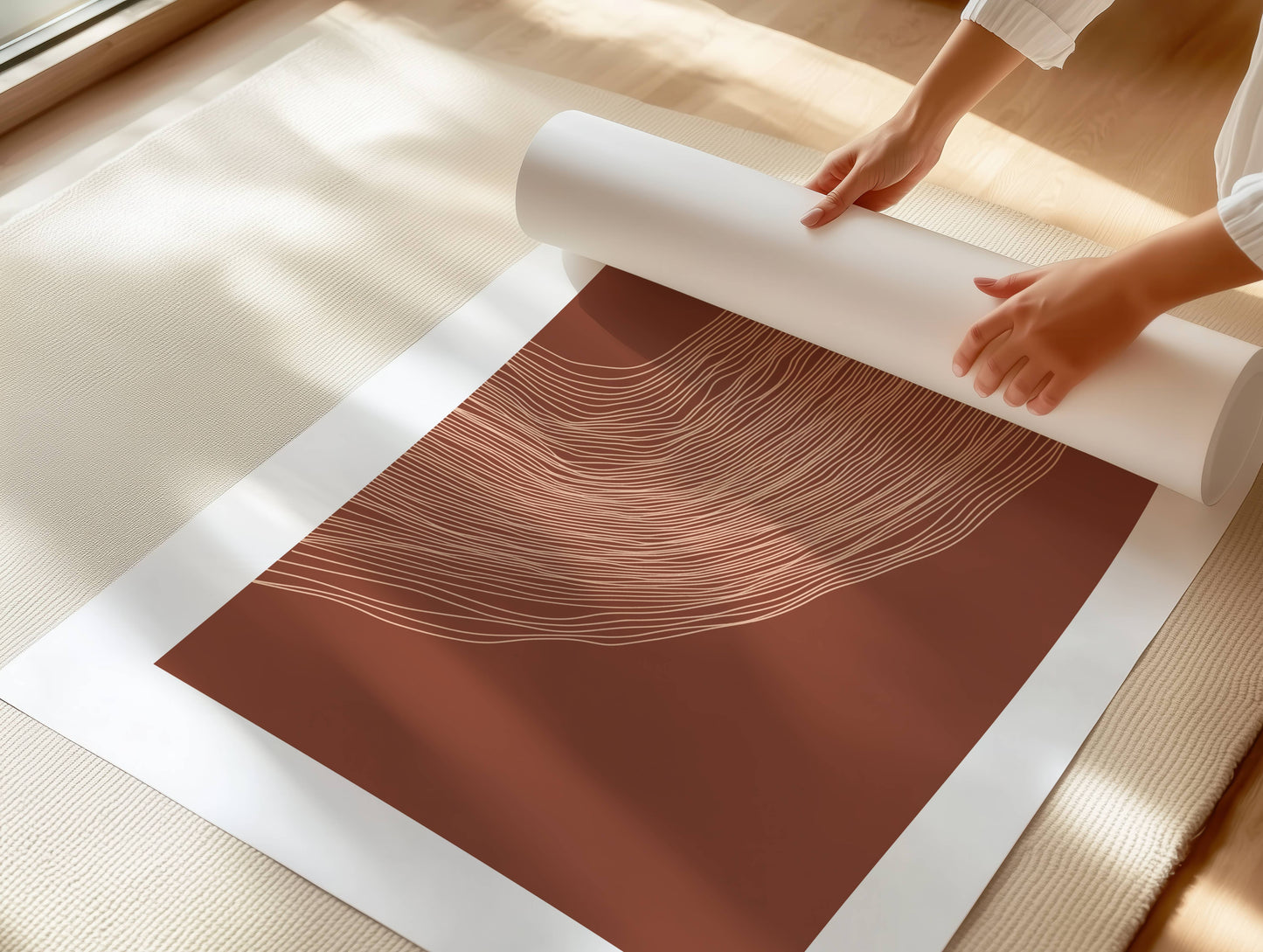 "Bølgenes Dans" er en abstrakt plakat som skaper en følelse av bevegelse og harmoni. De myke, bølgende linjene etterligner vannets strømninger eller vindens lek med sand, og gir et levende og organisk uttrykk. Illustrasjon viser plakat på print.