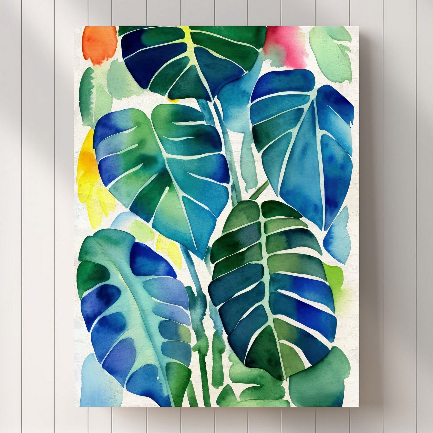 Unik grafisk akvarellen av fargerike Monstera blader som bringer liv, farge og naturlig skjønnhet inn i ethvert hjem. Illustrasjonsfoto viser motivet på lerret.