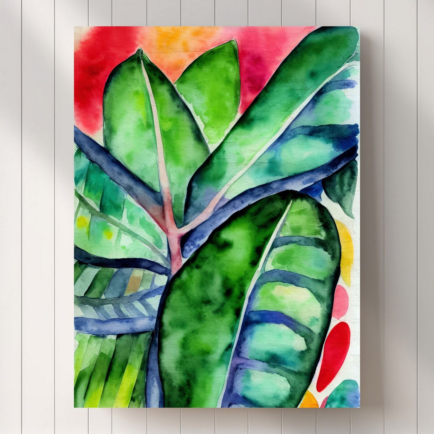 Unik grafisk akvarellen av fargerike Monstera blader som bringer liv, farge og naturlig skjønnhet inn i ethvert hjem. Illustrasjonsfoto viser motivet på lerret.