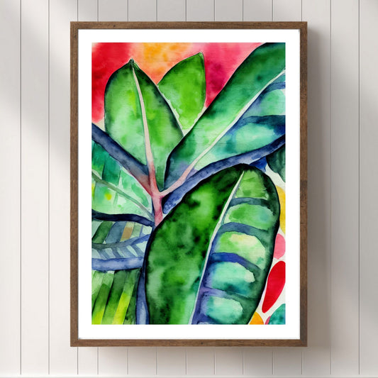 Unik grafisk akvarellen av fargerike Monstera blader som bringer liv, farge og naturlig skjønnhet inn i ethvert hjem. Illustrasjonsfoto viser motivet som plakat i brun ramme.