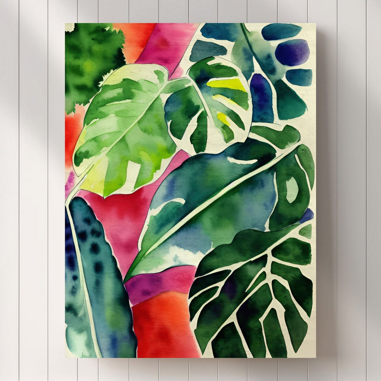 Unik grafisk akvarellen av fargerike Monstera blader som bringer liv, farge og naturlig skjønnhet inn i ethvert hjem. Illustrasjonsfoto viser motivet på lerret.