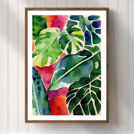 Unik grafisk akvarellen av fargerike Monstera blader som bringer liv, farge og naturlig skjønnhet inn i ethvert hjem. Illustrasjonsfoto viser motivet som plakat i brun ramme.