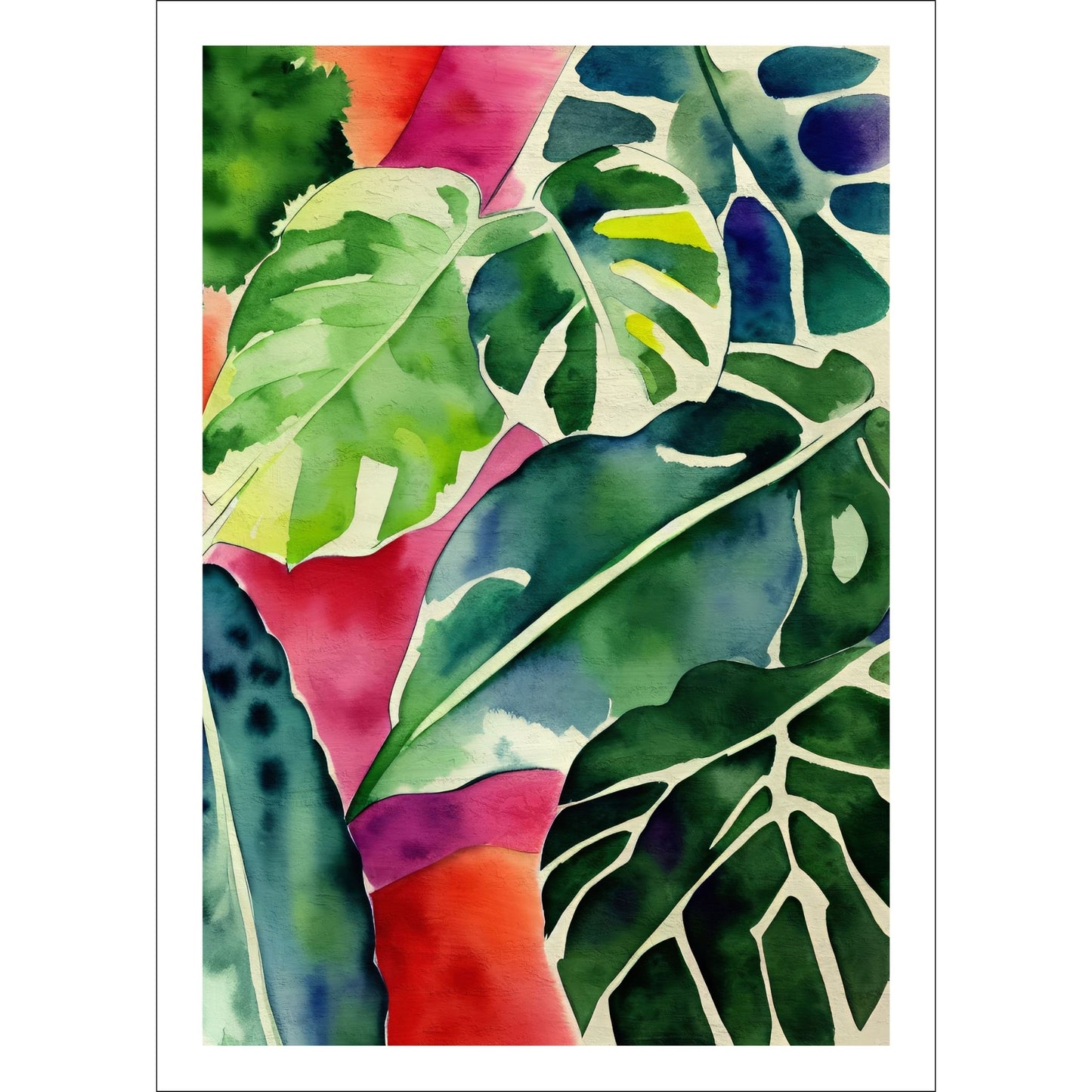 Unik grafisk akvarellen av fargerike Monstera blader som bringer liv, farge og naturlig skjønnhet inn i ethvert hjem.