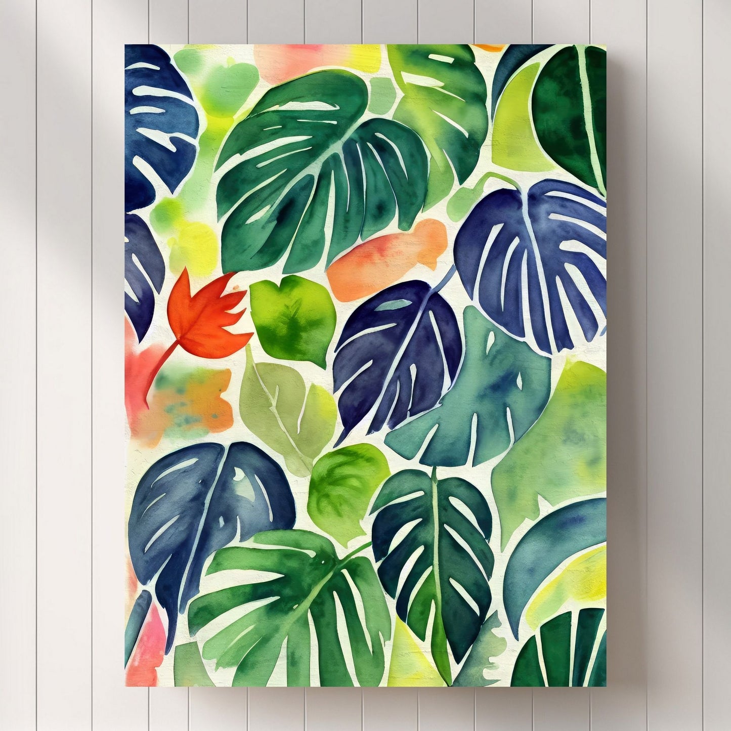 Unik grafisk akvarellen av fargerike Monstera blader som bringer liv, farge og naturlig skjønnhet inn i ethvert hjem. Illustrasjonsfoto viser motivet på lerret.