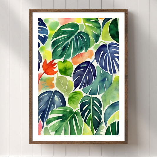 Unik grafisk akvarellen av fargerike Monstera blader som bringer liv, farge og naturlig skjønnhet inn i ethvert hjem. Illustrasjonsfoto viser motivet som plakat i brun ramme.