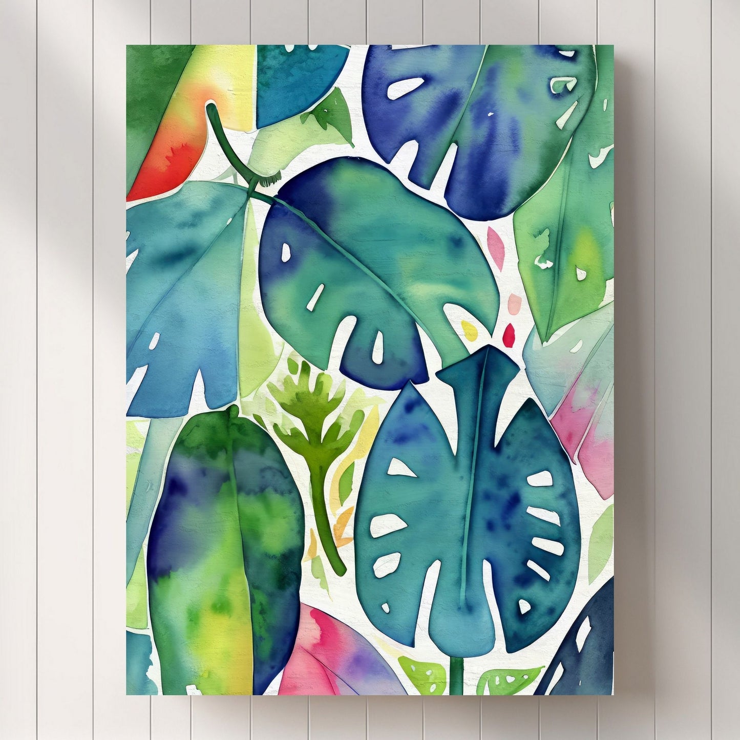Unik grafisk akvarellen av fargerike Monstera blader som bringer liv, farge og naturlig skjønnhet inn i ethvert hjem. Illustrasjonsfoto viser motivet på lerret.
