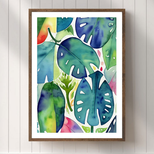 Unik grafisk akvarellen av fargerike Monstera blader som bringer liv, farge og naturlig skjønnhet inn i ethvert hjem. Illustrasjonsfoto viser motivet som plakat i brun ramme.