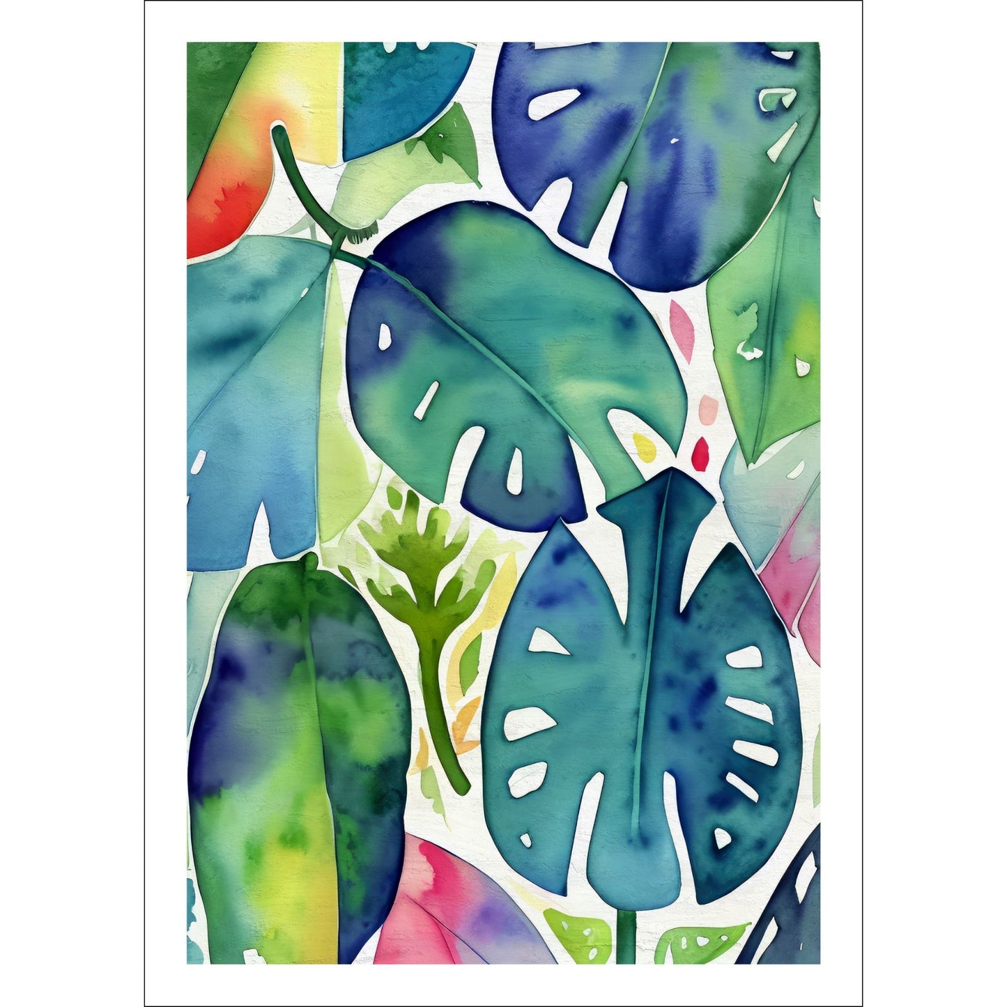 Unik grafisk akvarellen av fargerike Monstera blader som bringer liv, farge og naturlig skjønnhet inn i ethvert hjem.