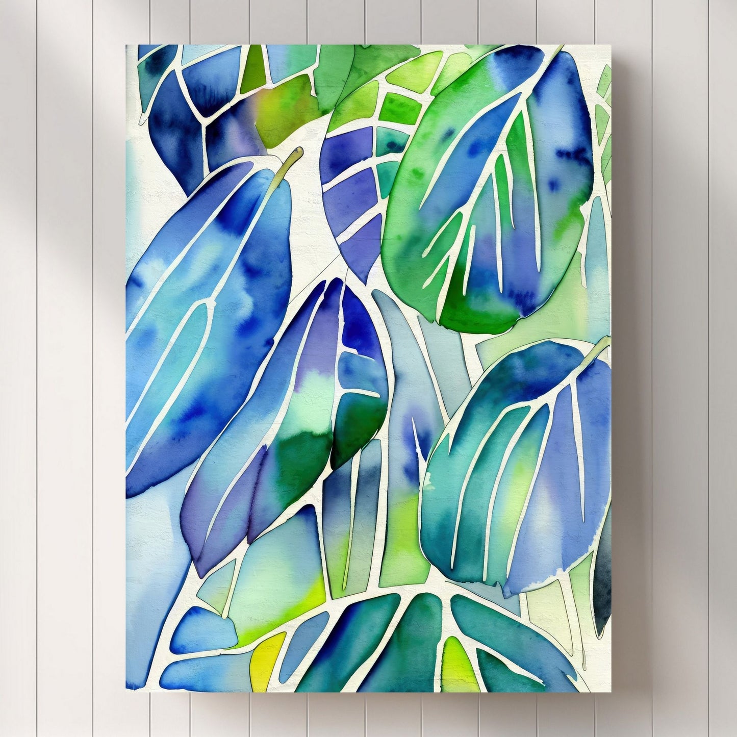 Unik grafisk akvarellen av fargerike Monstera blader som bringer liv, farge og naturlig skjønnhet inn i ethvert hjem. Illustrasjonsfoto viser motivet på lerret.