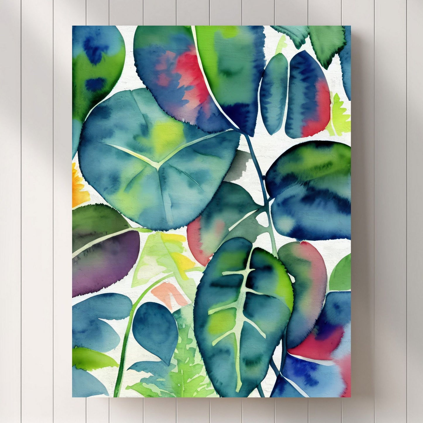 Unik grafisk akvarellen av fargerike Monstera blader som bringer liv, farge og naturlig skjønnhet inn i ethvert hjem. Illustrasjonsfoto viser motivet på lerret.