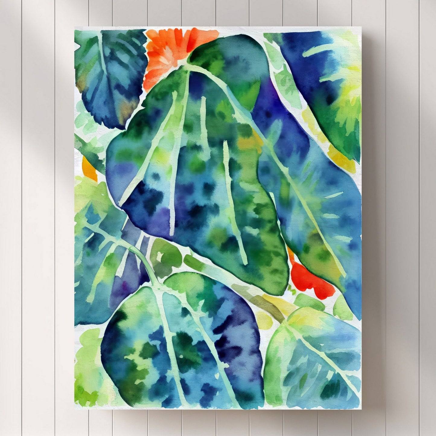 Unik grafisk akvarellen av fargerike Monstera blader som bringer liv, farge og naturlig skjønnhet inn i ethvert hjem. Illustrasjonsfoto viser motivet på lerret.