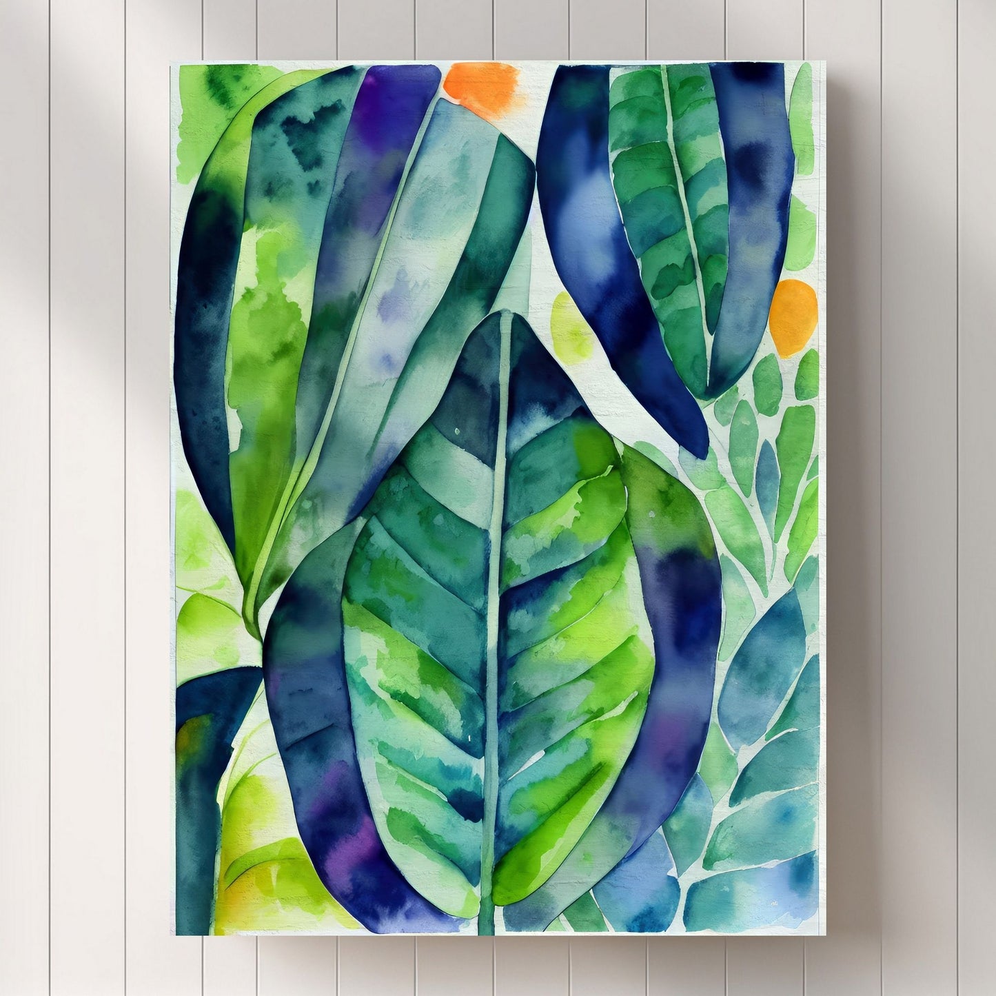 Unik grafisk akvarellen av fargerike Monstera blader som bringer liv, farge og naturlig skjønnhet inn i ethvert hjem. Illustrasjonsfoto viser motivet på lerret.