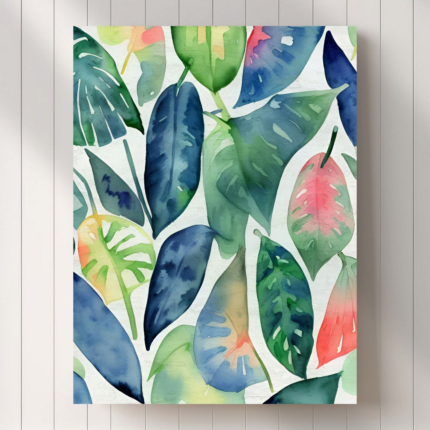 Unik grafisk akvarellen av fargerike Monstera blader som bringer liv, farge og naturlig skjønnhet inn i ethvert hjem. Illustrasjonsfoto viser motivet på lerret.