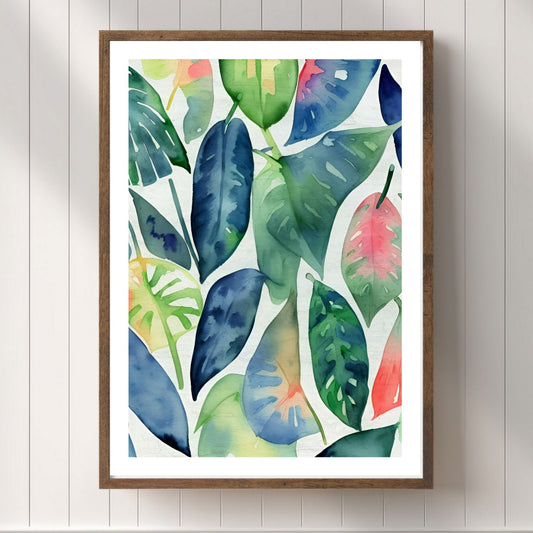 Unik grafisk akvarellen av fargerike Monstera blader som bringer liv, farge og naturlig skjønnhet inn i ethvert hjem. Illustrasjonsfoto viser motivet som plakat i brun ramme.