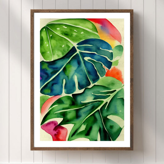 Unik grafisk akvarellen av fargerike Monstera blader som bringer liv, farge og naturlig skjønnhet inn i ethvert hjem. Illustrasjonsfoto viser motivet som plakat i brun ramme.
