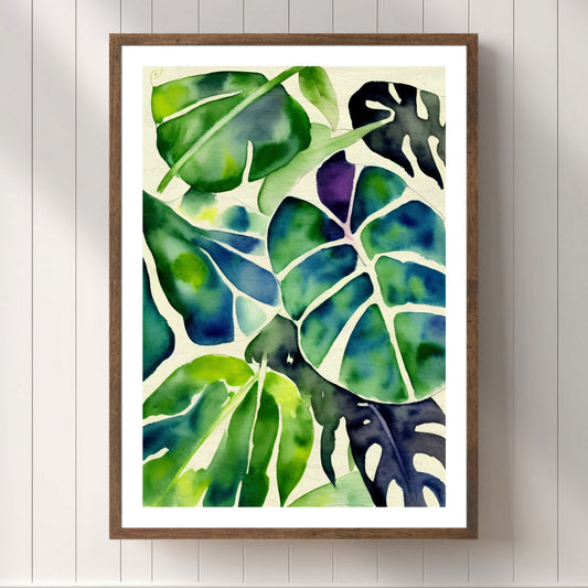 Unik grafisk akvarellen av fargerike Monstera blader som bringer liv, farge og naturlig skjønnhet inn i ethvert hjem. Illustrasjonsfoto viser motivet som plakat i brun ramme.