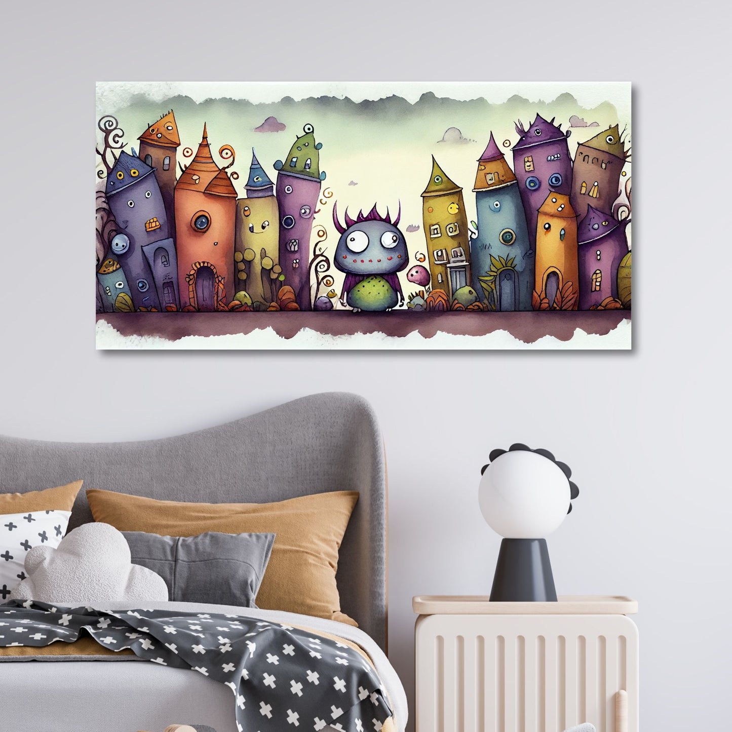 Cartoon illustrasjon "Monsterbyen" - et fantastisk sted der små, søte monstre utforsker sin livlige og fargerike verden. Illustrasjonsfoto viser lerret på en vegg på et barnerom.