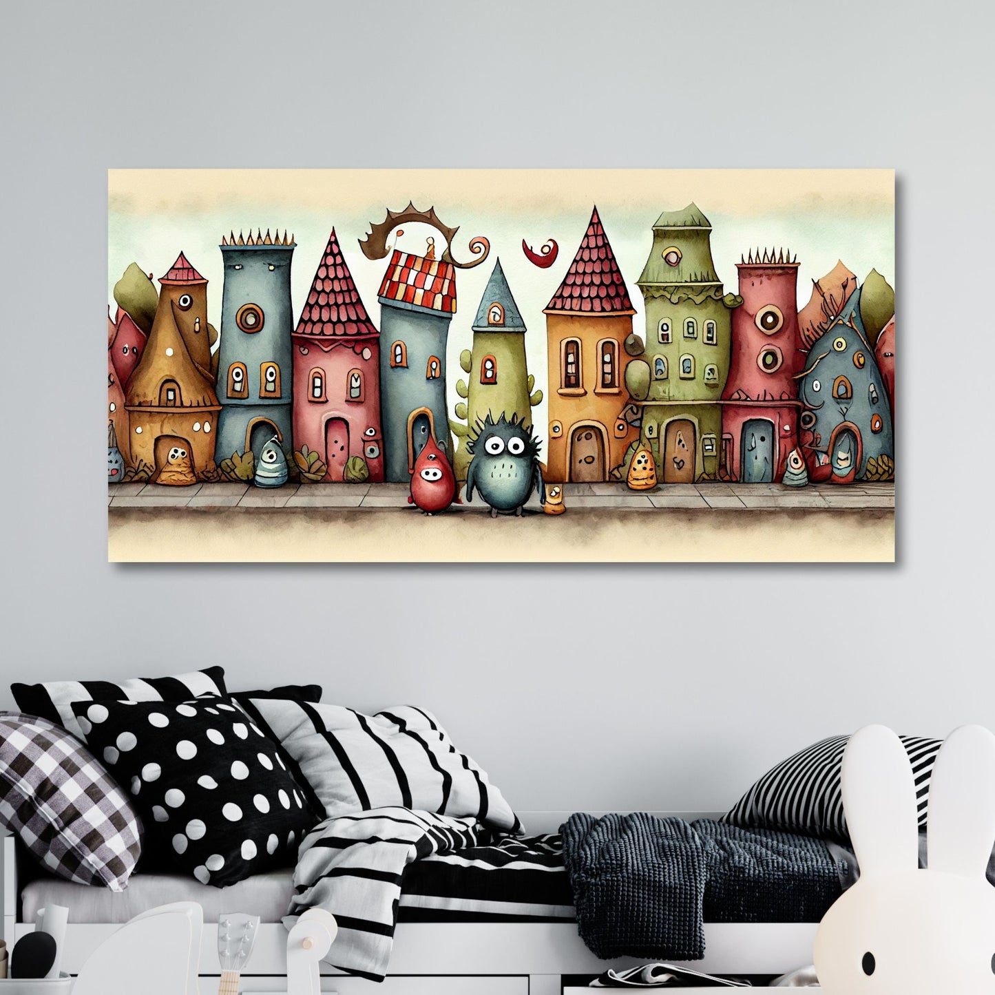 Cartoon illustrasjon "Monsterbyen" - et fantastisk sted der små, søte monstre utforsker sin livlige og fargerike verden. Illustrasjonsfoto viser lerret på en vegg på et barnerom.