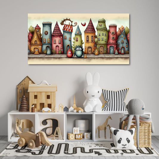 Cartoon illustrasjon "Monsterbyen" - et fantastisk sted der små, søte monstre utforsker sin livlige og fargerike verden. Illustrasjonsfoto viser lerret på en vegg på et barnerom.