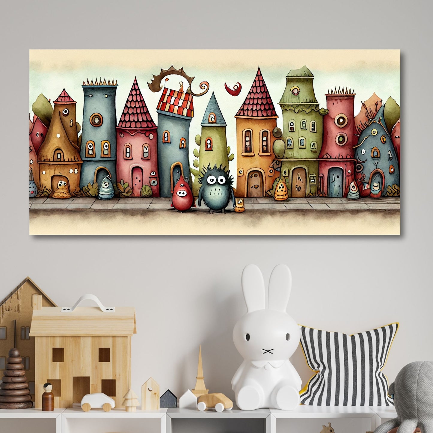 Cartoon illustrasjon "Monsterbyen" - et fantastisk sted der små, søte monstre utforsker sin livlige og fargerike verden. Illustrasjonsfoto viser lerret på en vegg på et barnerom.